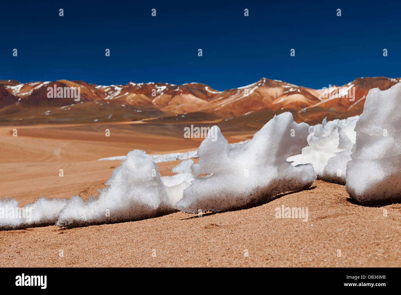 Eis und Schnee Strukturen vor dem Berg der sieben Farben (Montaña de Siete Colores), bolivianischen Anden Stockfoto