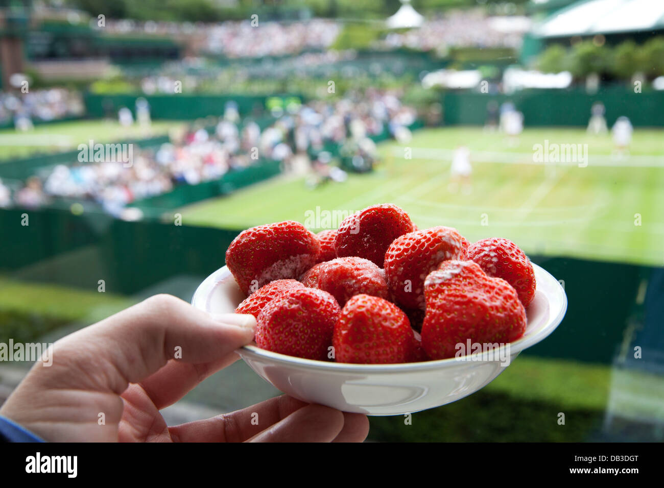 Erdbeeren und Sahne im Wimbledon Tennis Championships Stockfoto
