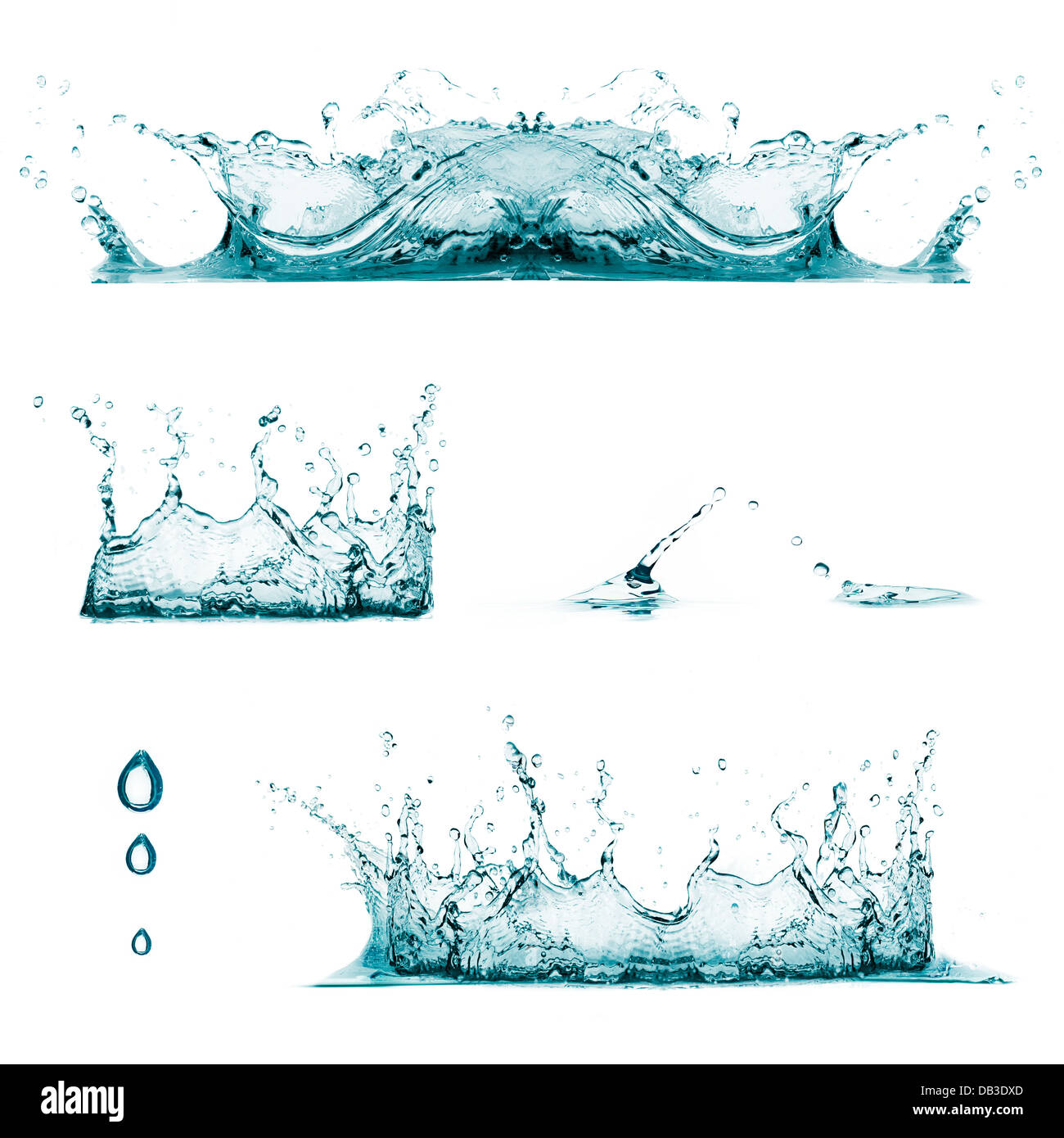 Satz von fünf Wasserspritzer und Tropfen Stockfoto