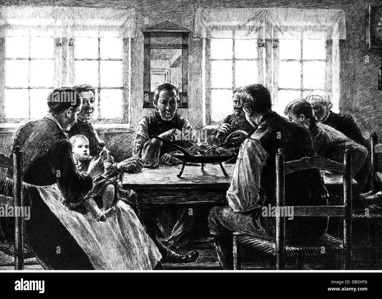 Gastronomie, Verpflegung, Bauernfamilie mit Abendessen, Holzstich, vor 1870, zusätzliche-Rechte-Clearences-nicht verfügbar Stockfoto