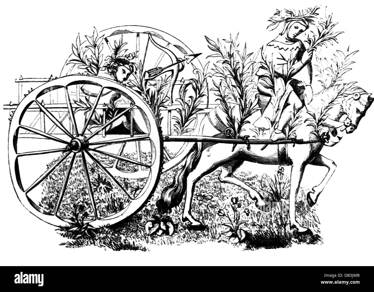 Jagd, zweirädrige Jagdkutsche mit Bogenschütze, nach Miniatur, aus: 'Phebus, des deduiz de la Chasse des bestes sauvaiges', Frankreich, 15. Jahrhundert, Holzstich, 19. Jahrhundert, Zusatzrechte-Freigaben-nicht verfügbar Stockfoto