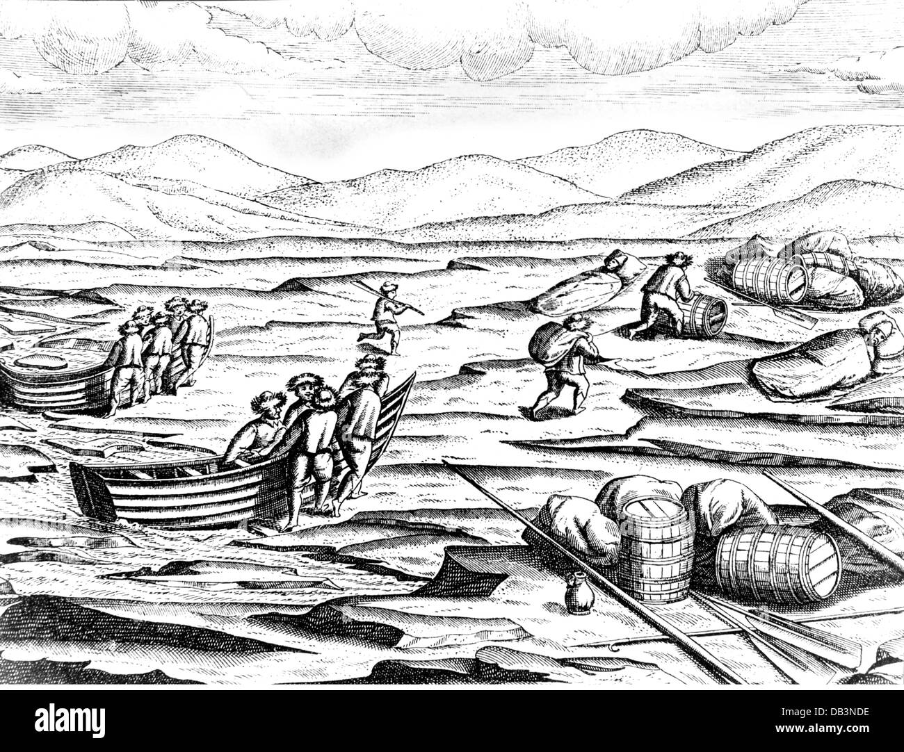 Barents, Willem, circa 1550 - 20. 6.1597, Niederländische navigator, dritte Arctic Expedition 1596 - 1597, die Mannschaft, die die Lieferungen auf dem Eis, Kupferstich zu Sicherheit, "Die drei Reisen von Willem Barents in den arktischen Regionen 1594, 1595 und 1596" von Gerrit de Veer, 1598, Artist's Urheberrecht nicht gelöscht werden Stockfoto