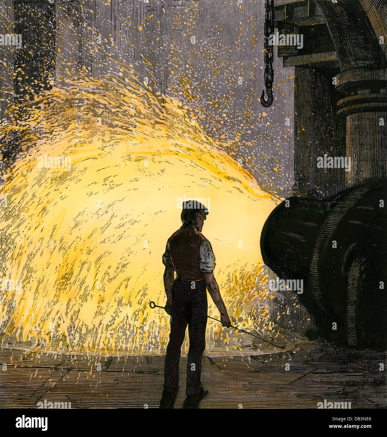 Stahl - Mühle Arbeitnehmer Beaufsichtigen eines Bessemer Stahl Konverter, 1800. Hand - farbige Holzschnitt Stockfoto