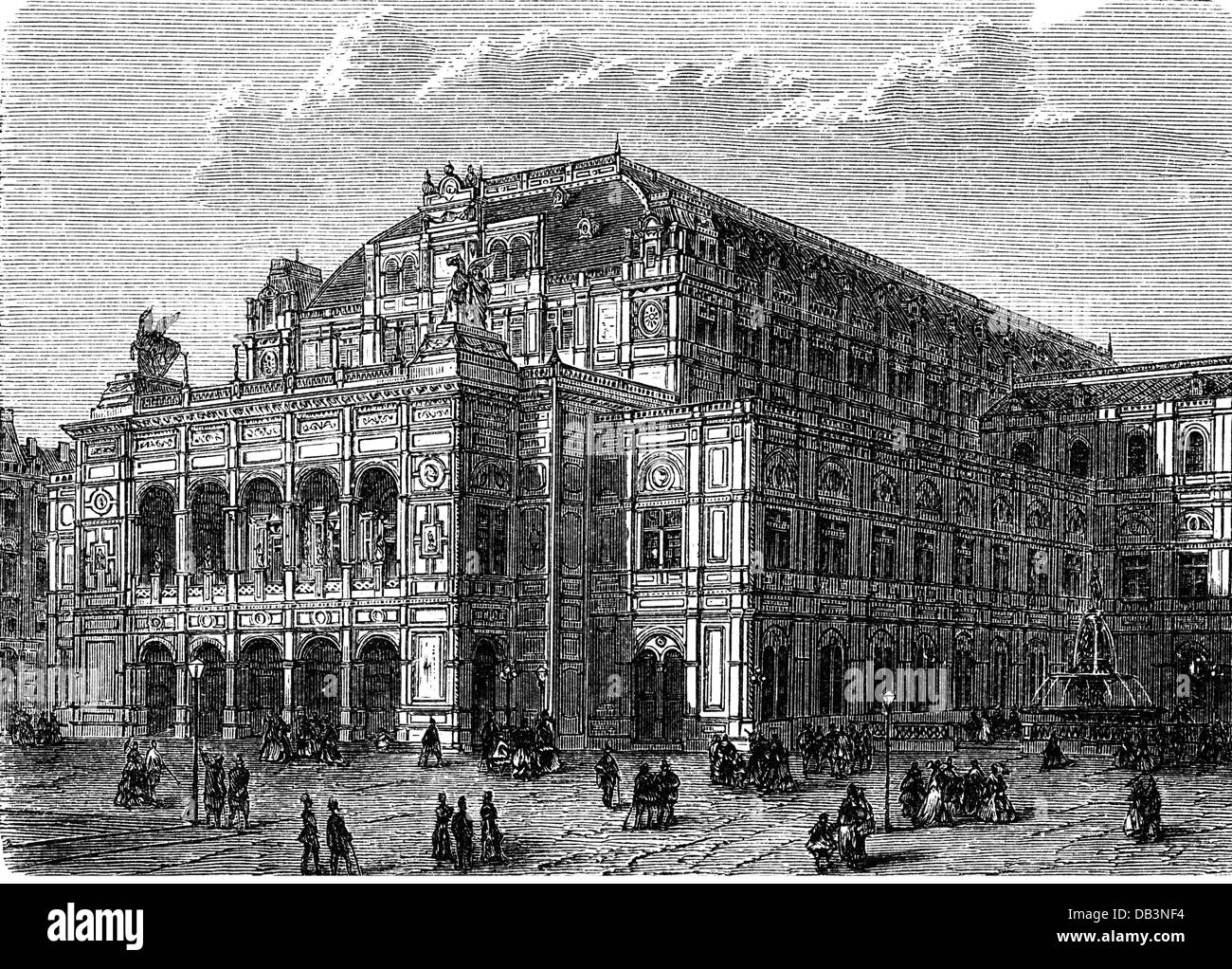 Österreich, Wien, Theater, K. K. Hofoper, erbaut 1861 - 1869, Architekt: August Sicard von Sicardsburg und Eduard van der Nuell, Außenansicht, Holzstich, um 1875, Hofoper, Wiener Staatsoper, Oper, Opern, Oper, Opernhäuser, Architektur, Neorenaissance, Menschen, Ringstraße, Opernring, Innenstadt, Innenstadt, Innenstadt, Innenstadt, Innenstadt, Stadtkern, 1. Bezirk, Österreich-Ungarn, Österreich-Ungarn, Dual-Monarchie, Cisleithania, Mitteleuropa, 19. Jahrhundert, historisch, historisch, Null, Nüll, Additional-Rights-Clearences-nicht verfügbar Stockfoto