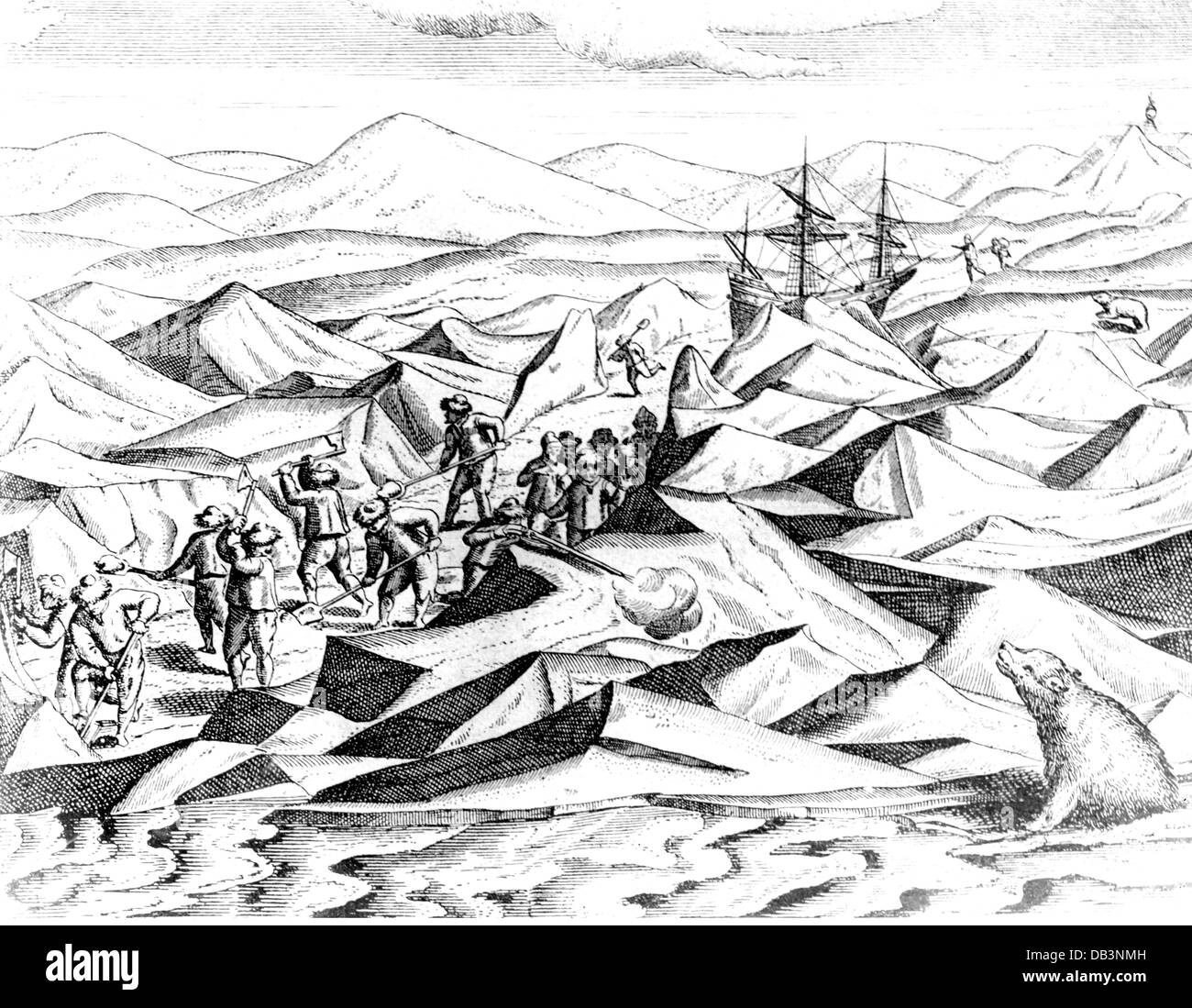 Barents, Willem, circa 1550 - 20. 6.1597, Niederländische navigator, dritte Arctic Expedition 1596 - 1597, Straße, im ewigen Eis, Kupferstich, "Die drei Reisen von Willem Barents in den arktischen Regionen 1594, 1595 und 1596" von Gerrit de Veer, 1598, Artist's Urheberrecht nicht gelöscht werden Stockfoto