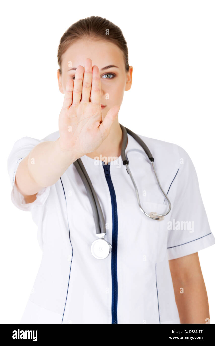 Arzt oder das Pflegepersonal mit abstoßende Geste. Isoliert auf weißem Hintergrund. Stockfoto