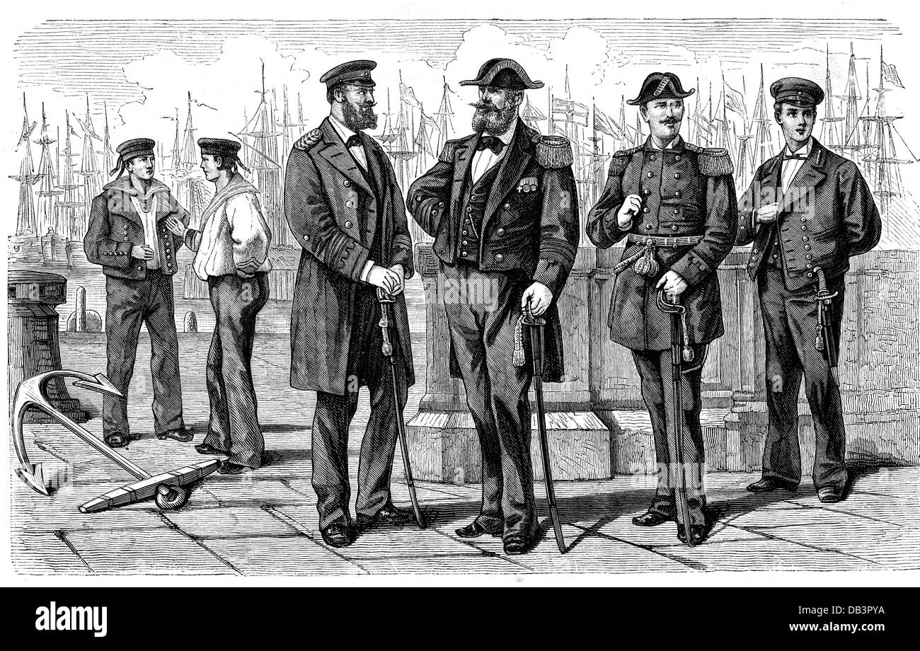 Militär, Uniformen, Deutschland, Deutsches Reich, Uniformen der Kaiserlichen Deutschen Marine, Matrosen, Korvettenkapitän, Admiral, Fähnrich, Marinekadett, Holzstich, Ende des 19. Jahrhunderts, Deutsches Reich, Soldaten, Soldat, Offiziere, Offizier, Uniformen, Säbel, Säbel, Anker, Anker, Segelschiff, Segelschiffe, Hut, Hüte, Mütze, Kappen, historisch, historisch, Menschen, Zusatzrechte-Clearences-nicht vorhanden Stockfoto