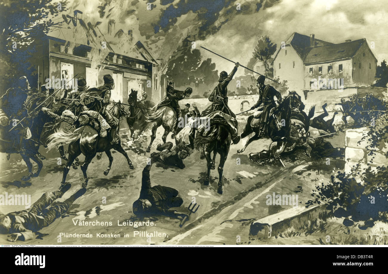 Veranstaltungen, erster Weltkrieg / 1. Weltkrieg, Ostfront, plünderungskosaken in Pillkallen, Ostpreußen, Postkarte nach Zeichnung, 1914, , Zusatzrechte-Clearences-nicht vorhanden Stockfoto