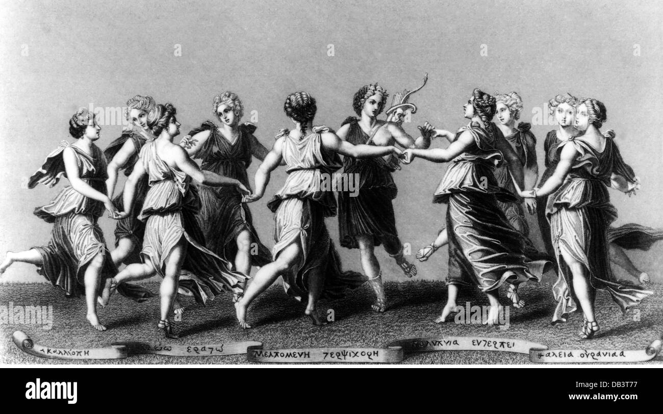 Musen und Göttinnen der schönen Künste, volle Länge, basierend auf Zeichnung von Romano, Stahlstich von a.h. Payne, etwa aus dem 19. Jahrhundert, Artist's Urheberrecht nicht geklärt zu werden. Stockfoto