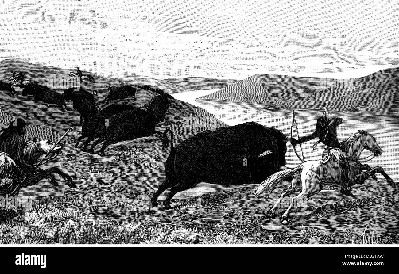 Jagd, Büffel, nordamerikanische Indianer Buffeljagd, Holzstich, vor 1891, Zusatzrechte-Clearences-nicht verfügbar Stockfoto