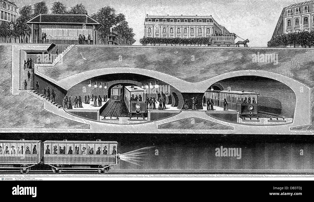 Transport / Transport, öffentliche Verkehrsmittel, U-Bahn-Station, Querschnitt, Holzstich, Paris, Frankreich, um 1900, Zusatzrechte-Abfertigung-nicht vorhanden Stockfoto