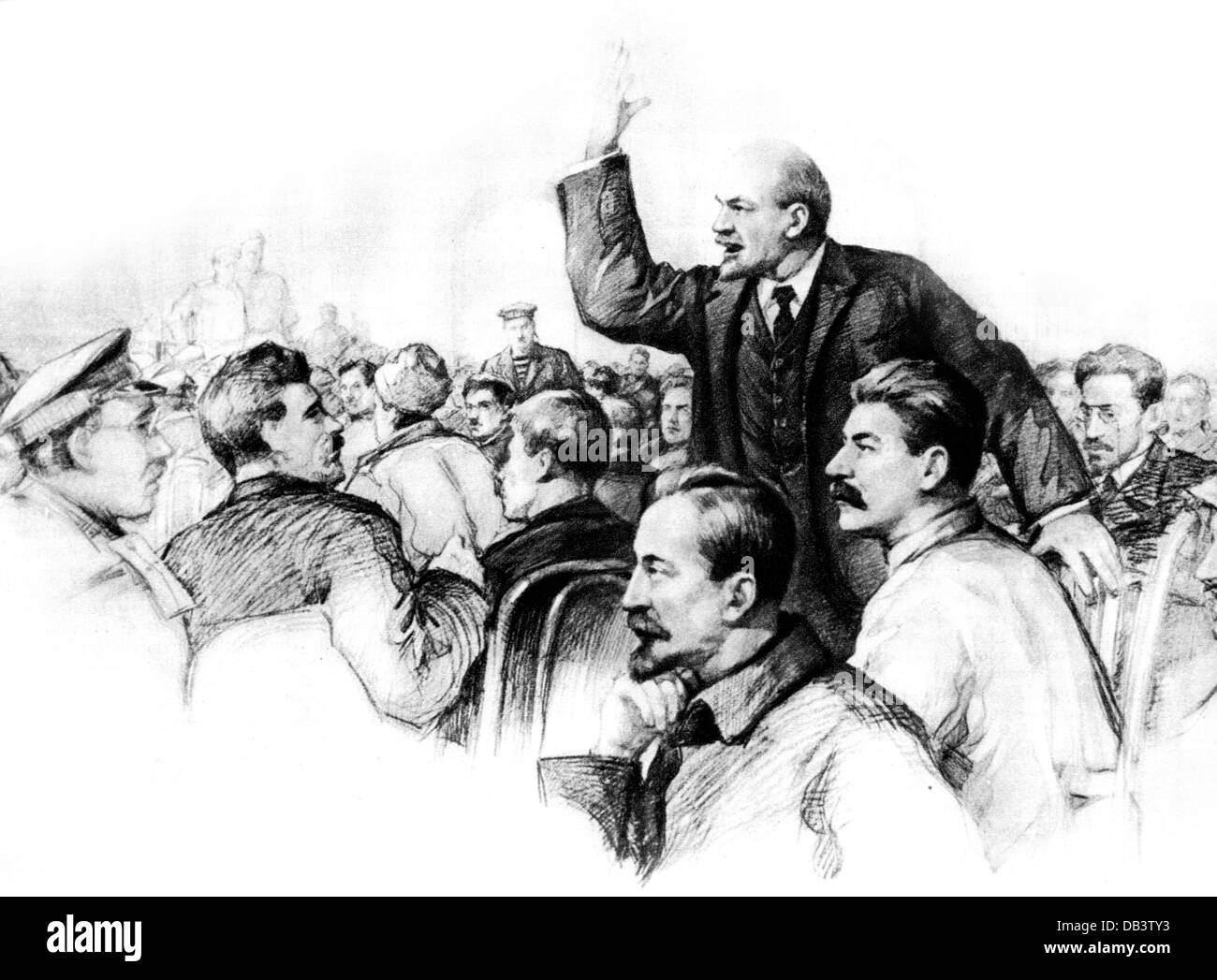 Lenin (Wladimir Iljich Uljanow), 22.4.1870 - 21.1.1924, russischer Politiker, halbe Länge, mit Joseph Stalin, Rede auf dem 1. Allrussischen Kongress der Sowjets, Juni/Juli 1917, Zeichnung von Pjotr Vasiljew (1880-1975), 20. Jahrhundert, Stockfoto