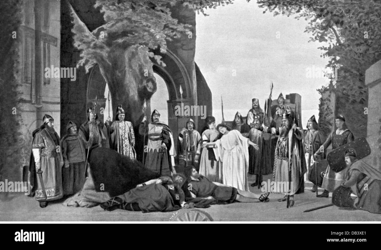 Theater, Oper, Tristan und Isolde, von Richard Wagner, Performance, 3. Akt, Schlussszene, Stadttheater, Düsseldorf, um 1900, Zusatzrechte-Clearences-nicht vorhanden Stockfoto