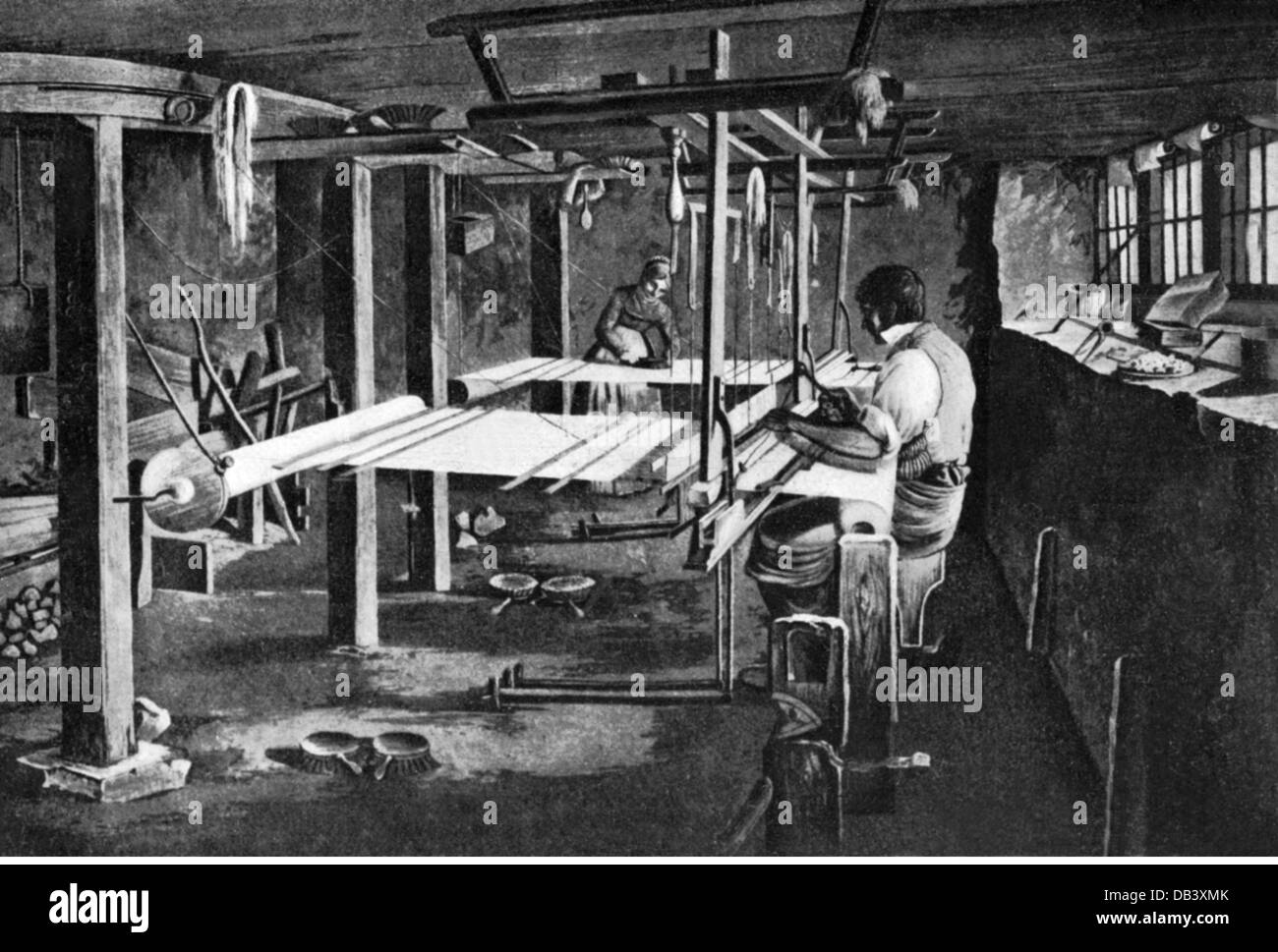 Industrie, Textilien, Handwebstuhl für feine Mousseline, nach einem Aquatinta, Anfang des 19. Jahrhunderts, 19. Jahrhundert, Grafik, Grafik, Weberei, Mechanik, Mechanik, halbe Länge, sitzen, sitzen, Beruf, Berufe, Weber, Weber, Industrie, Industrie, Textilien, Textil, Handwebstuhl, Handwebstuhl, Handwebstuhl, historische, weiblich, Frau, männlich, Mann, Menschen, Frauen, Männer-Clearences, nicht-Zusatz-Rechte Stockfoto