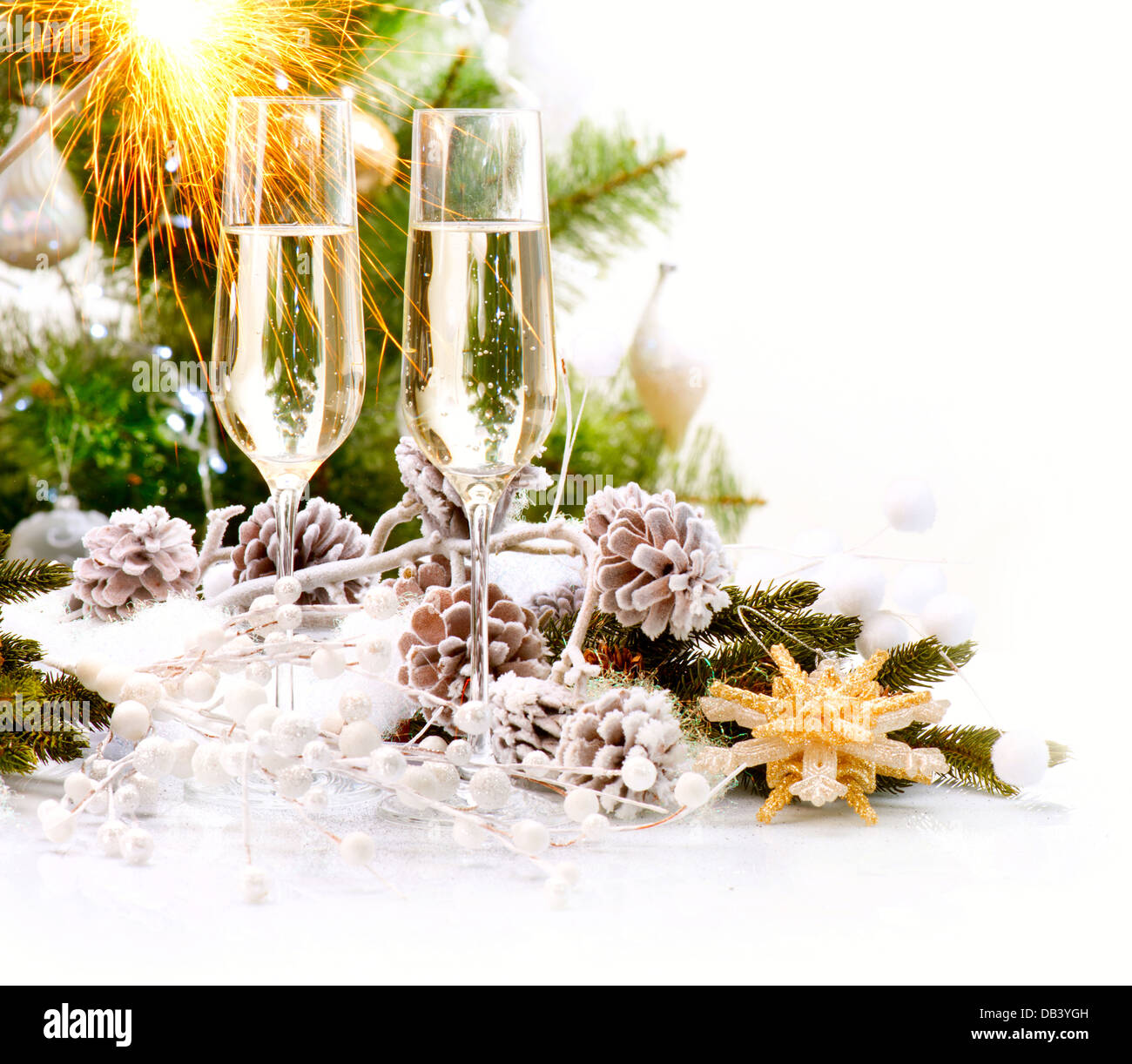 Neujahr-Kartendesign mit Champagner. Weihnachtsfeier Stockfoto