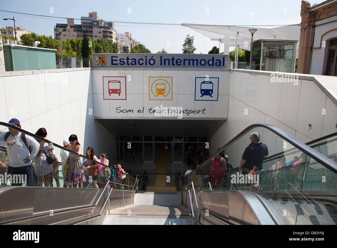 Eingang zum Bahnhof Estacio Intermodal in Palma Mallorca Teil der Transport de Les Illes Balears Schienennetz Stockfoto