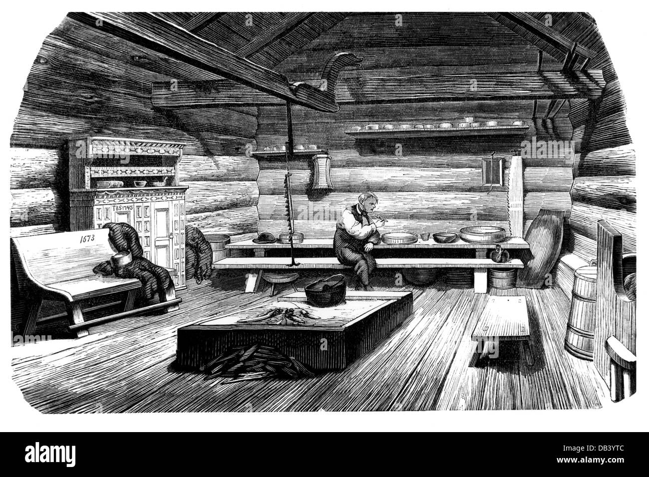 Geographie / Reisen, Norwegen, Wohnung, typische Stube im Saetersdal, Holzstich, um 1870, Zusatz-Rechteklärung-nicht vorhanden Stockfoto