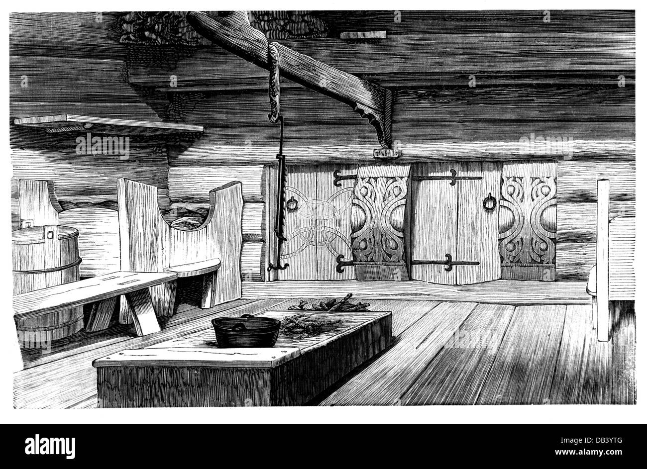 Geographie / Reisen, Norwegen, Wohnung, typische Stube im Saetersdal, Holzstich, um 1870, Zusatz-Rechteklärung-nicht vorhanden Stockfoto