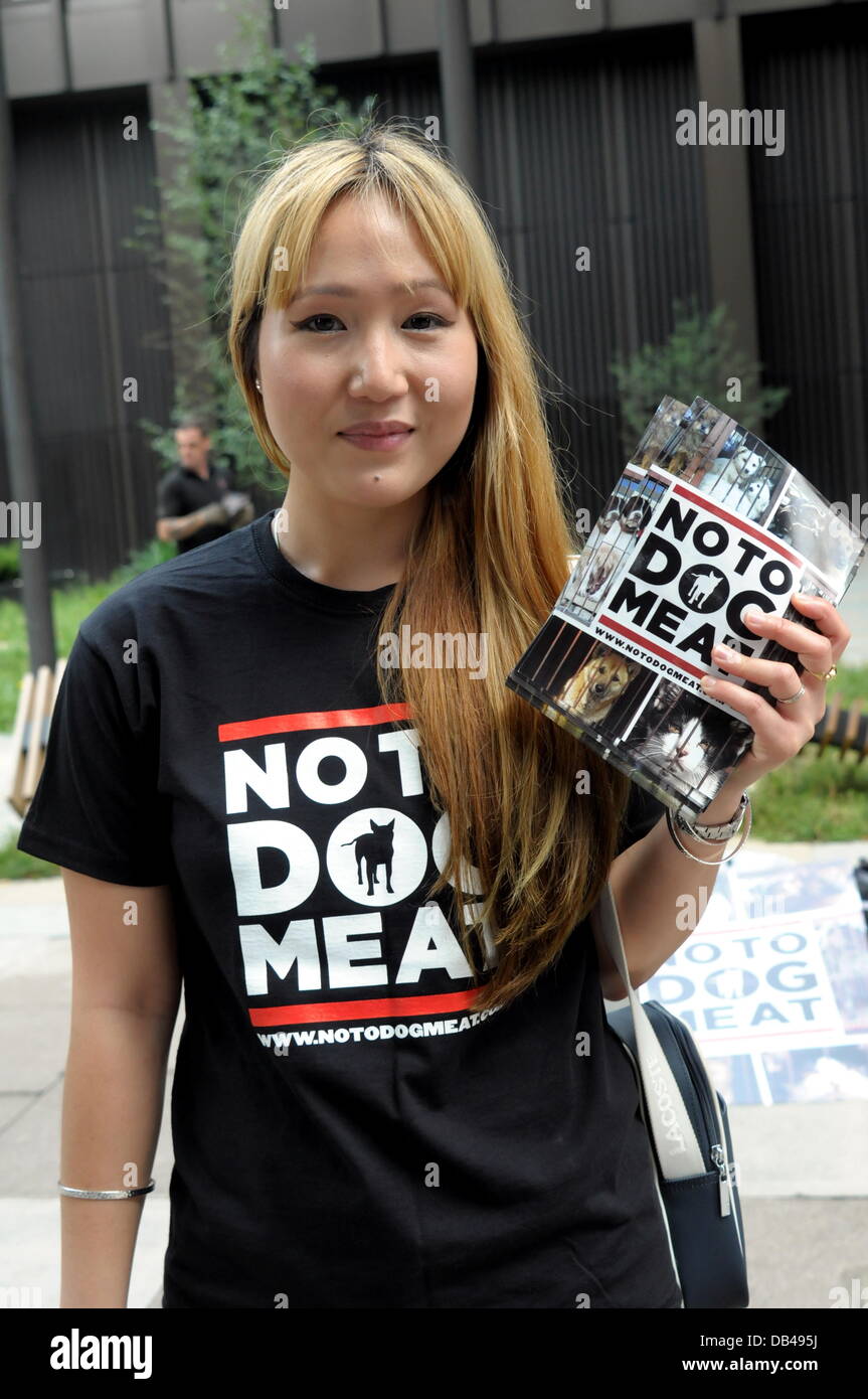 Wirkstoffe halten Plakate geschrieben "Nein zu Hundefleisch" Protest gegen die Republik Korea in den nächsten 60 Tagen für den Hund Essen Festival Bokdays außerhalb der koreanischen Botschaft in London. Stockfoto