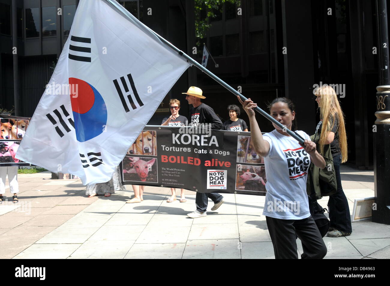 Actives winken koreanische Flagge Protest gegen Südkorea der fünfzehn tausend Hunde werden brutal getötet täglich in Südkorea in den nächsten 60 Tagen für den Hund Essen Festival Bokdays außerhalb der koreanischen Botschaft in London. Stockfoto