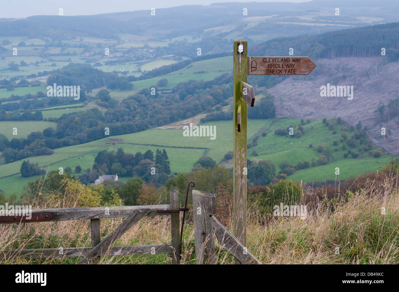 Holz- fingerpost Kennzeichnung Cleveland Way National Trail in schöner Lage auf einem Hügel mit herrlichem Panorama über - Sutton Bank, Yorkshire, England. Stockfoto