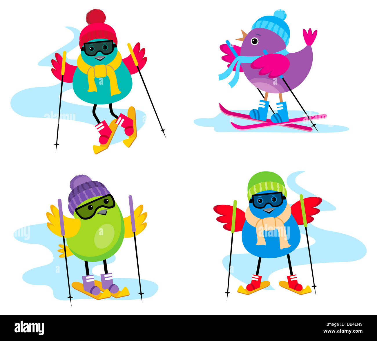 Bild von vier Birdies auf Skiern in Winterkleidung. Stockfoto