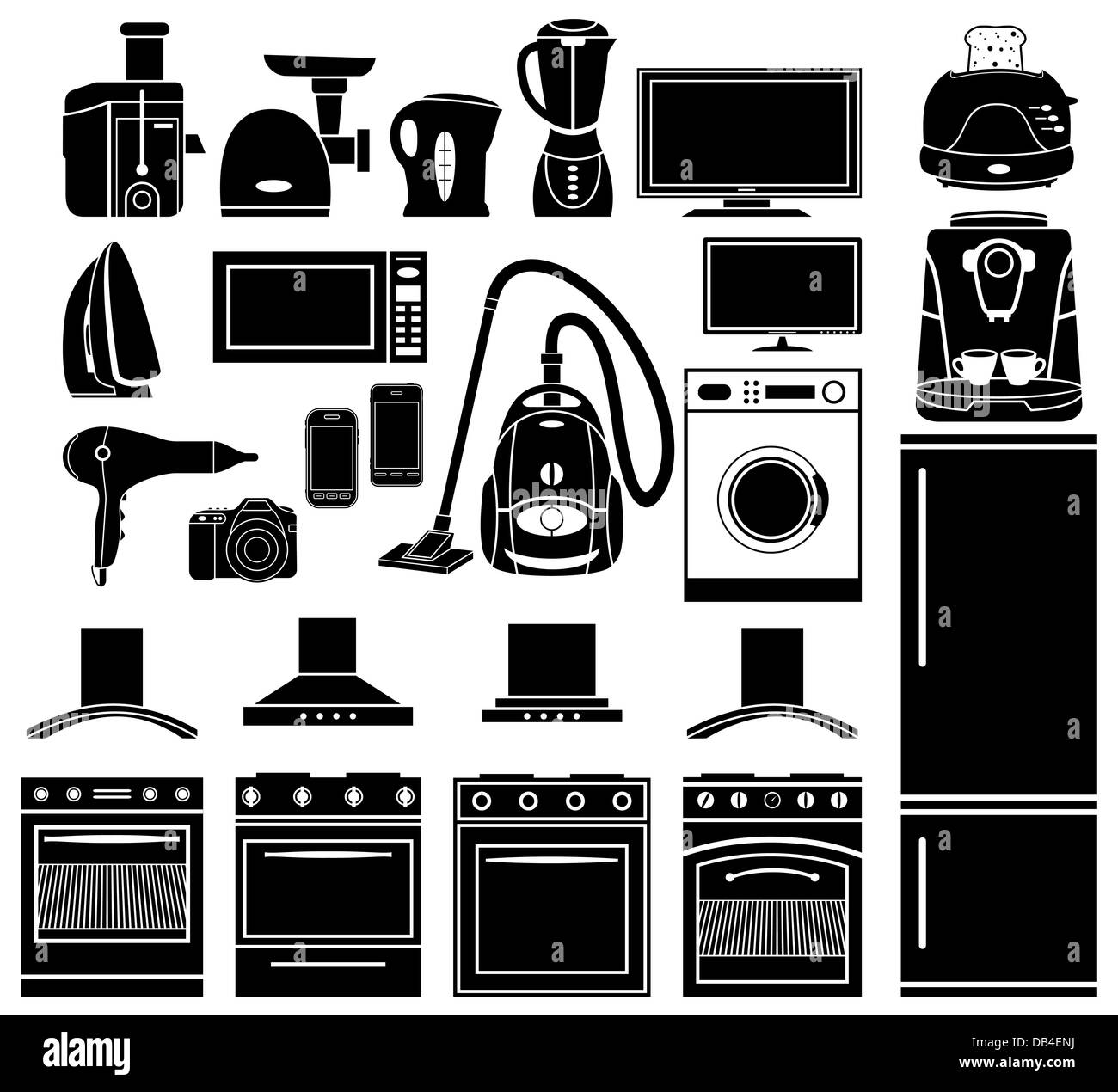 Satz von schwarzen Symbole von Haushaltsgeräten Stockfoto