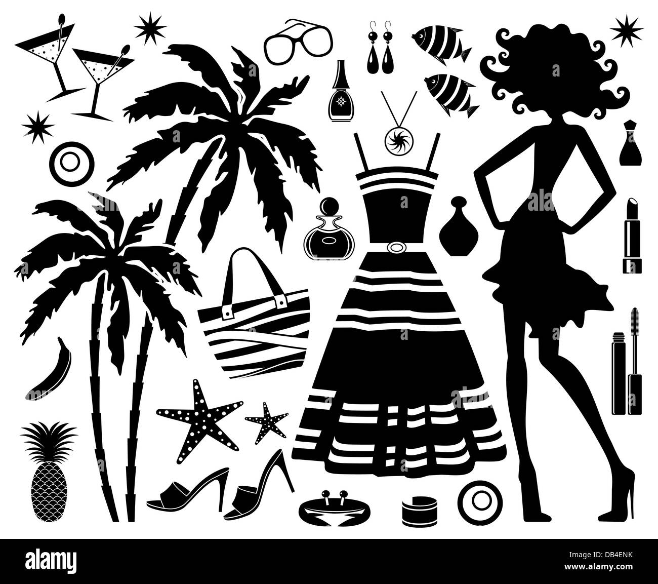 Modische Reihe von tropischen Rest mit Silhouette der Frau Stockfoto