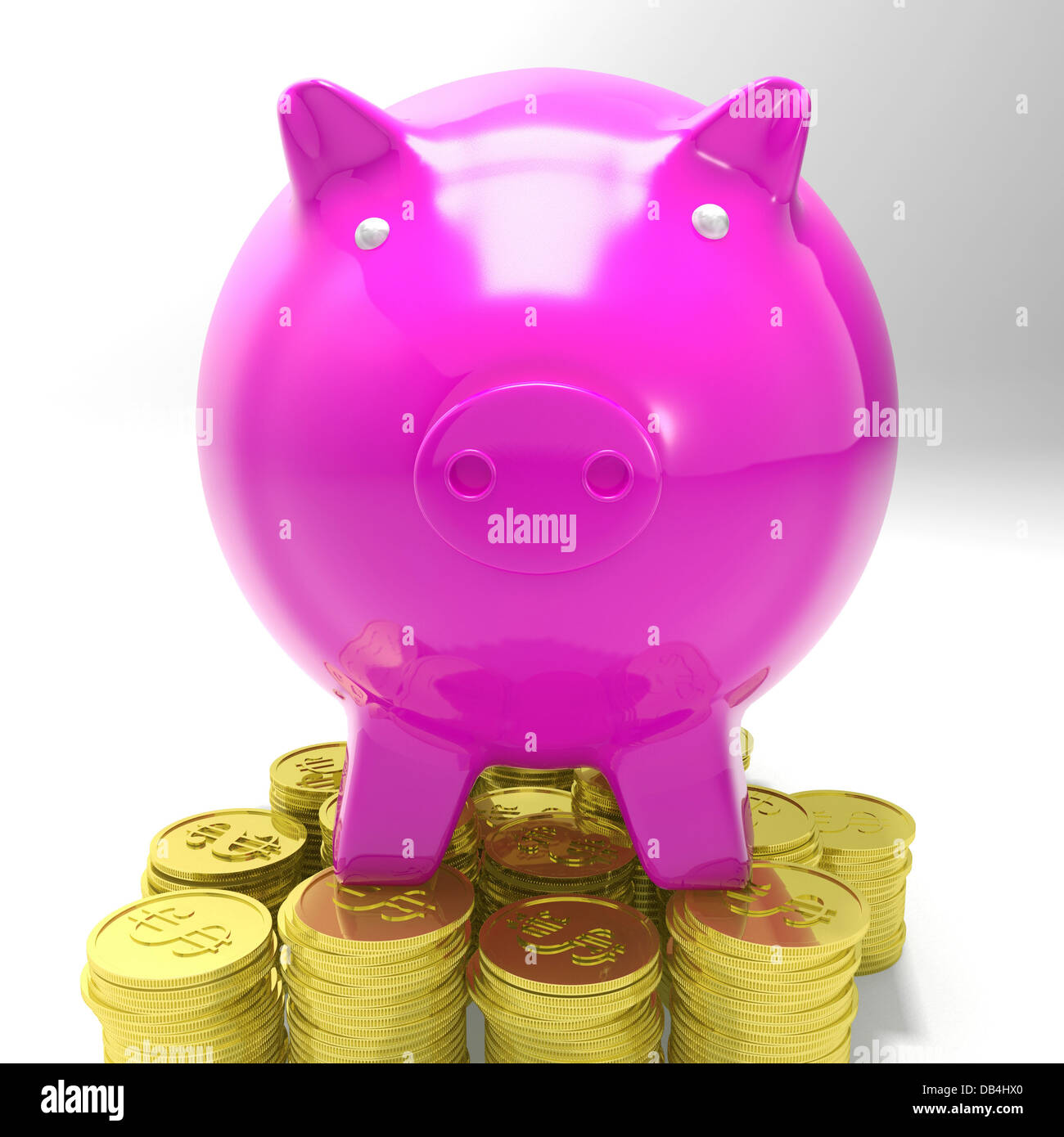 Sparschwein auf Münzen zeigen Einsparungen Stockfoto