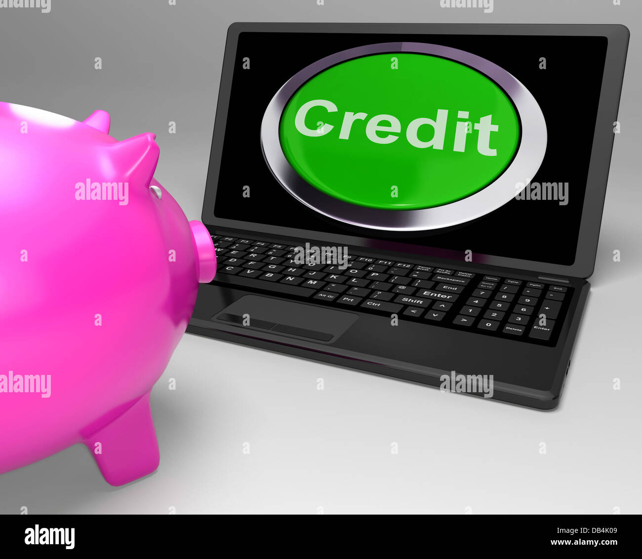 Kredit-Taste am Laptop zeigt finanzielle Darlehen Stockfoto