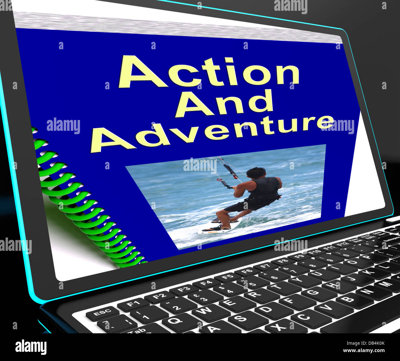 Action und Abenteuer auf Laptop zeigt Expeditionen Stockfoto