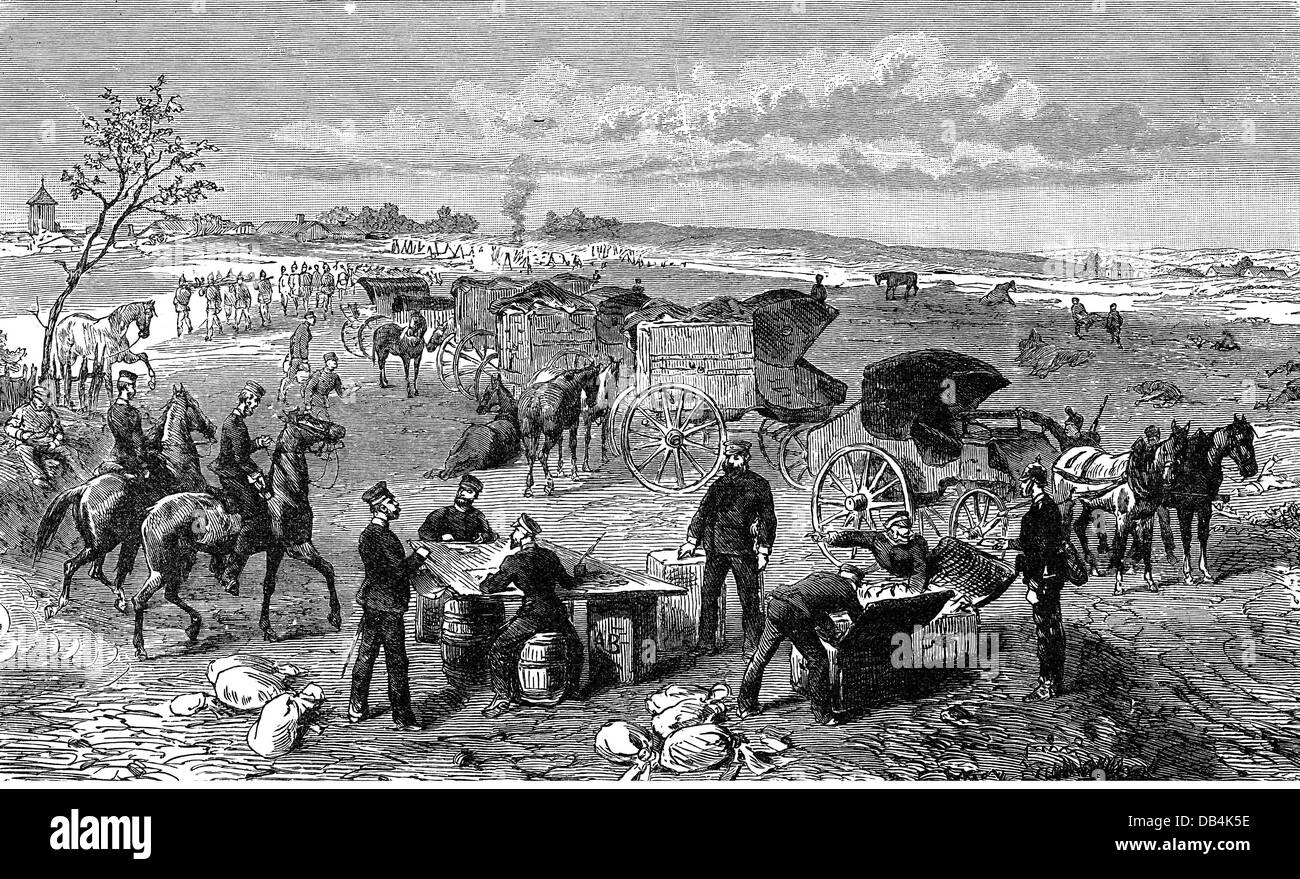 Ereignisse, Deutsch-Preußischer Krieg 1870/1871, Preußischer Feldpostdienst in Frankreich, 1870, zeitgenössische Holzstich, Militär, Feldpost, Forces Postal Service, Militärpost, Forces' Mail, Post, Post, Poststation, Poststation, Bote, Intelligencer, Kuriere, Boten, Intelligencer, per Kurier, Kutsche, Wagen, Soldaten, Soldat, Deutsche, Deutsche, Franzosen, Kommunikation, Postkutsche, Postkutsche, Postkutsche, Postkutsche, Postauto, Postauto, 19. Jahrhundert, Deutschland, historisch, historisch, Bahnhof, Leute, Zusatzrechte-Clearences-nicht vorhanden Stockfoto