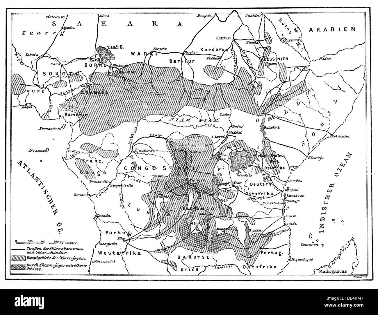 Sklaverei, Sklavenhandel, Karte der Gebiete des afrikanischen Sklavenhandels, nach E. Jung, Ende des 19. Jahrhunderts, Menschenhandel, Menschenhandel, Sklaven, Sklave, Zentralafrika, Belgischer Kongo, Französisch Kongo, kongo, Deutsch-Ostafrika, Portugiesisch-Ostafrika, Subsahara-Afrika, Kasongong, Äthiopien, Französisch, Belgisch, Deutsch, Deutsche, Portugiesisch, Kolonie, Kolonien, Abhängigkeit, Abhängigkeiten, topographische Karte, topographische Karten, Kartographie, Kartendruck, Sklaverei, Slaveries, Karte, Karten, Abschaffung des Sklavenhandels, historisch, historisch, Zusatzrechte-Clearences-nicht vorhanden Stockfoto