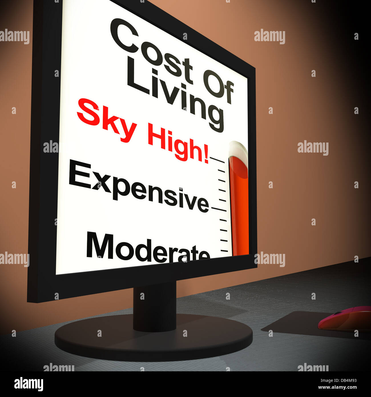 Lebenshaltungskosten auf Monitor zeigt Budget Stockfoto