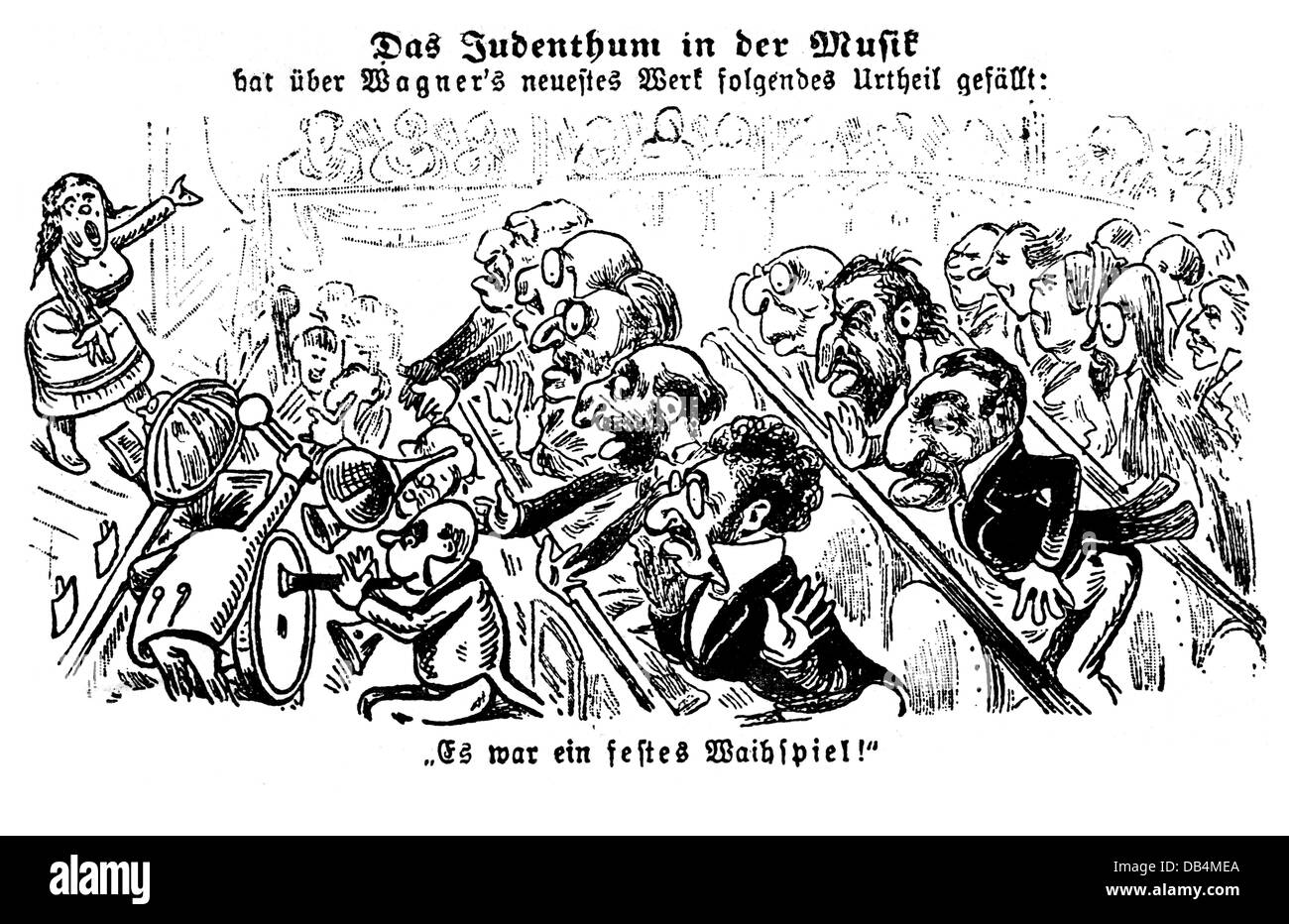 Wagner, Richard, 22.5.1813 - 13.2.1883, deutscher Musiker (Komponist), Karikatur, "Die Juden in der Musik", Urteil der Juden "Es ist ein starkes faires Spiel", aus "Kikeri", 1882, Stockfoto
