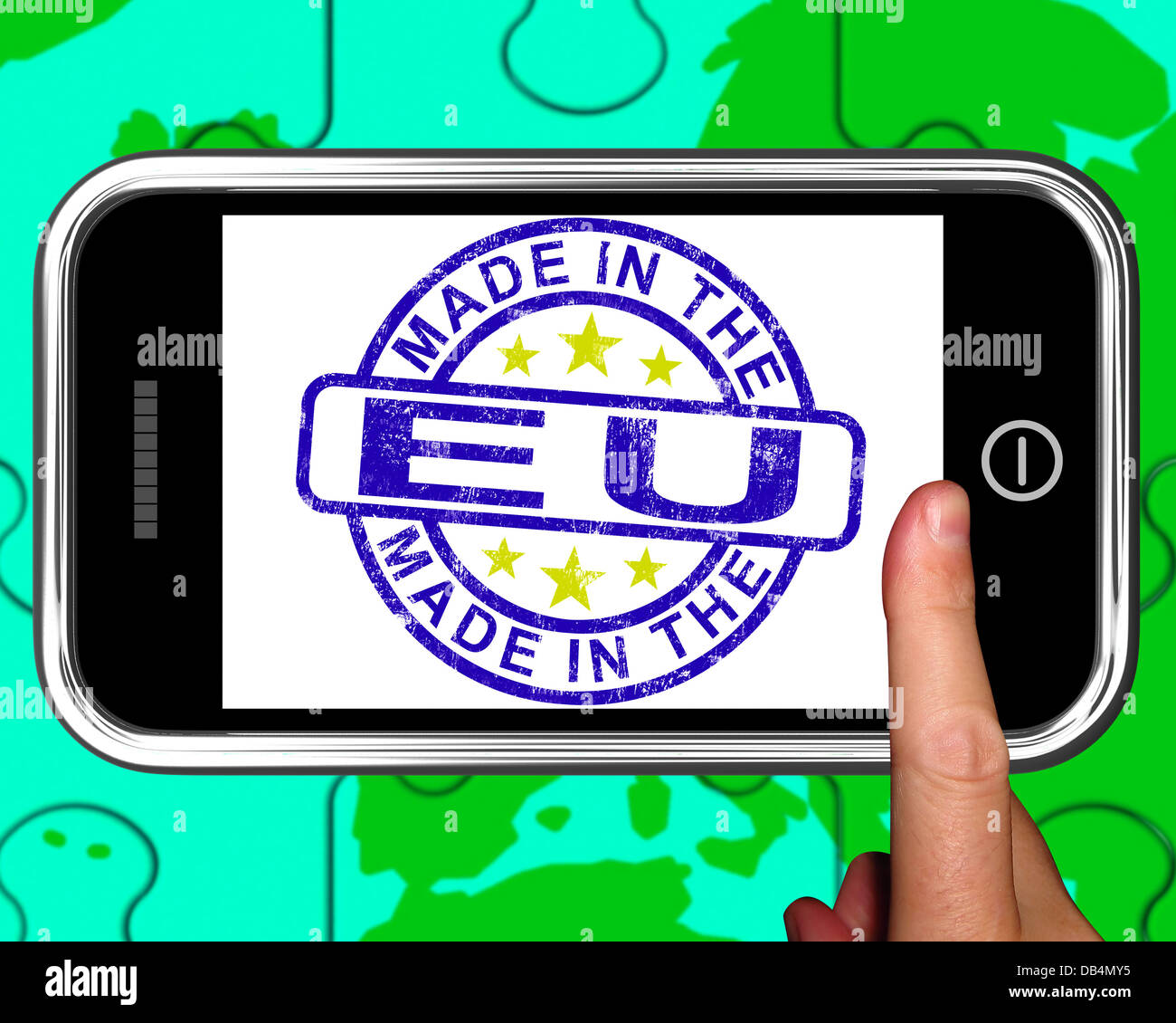 Hergestellt In der EU auf Smartphone zeigt europäische Produkte Stockfoto