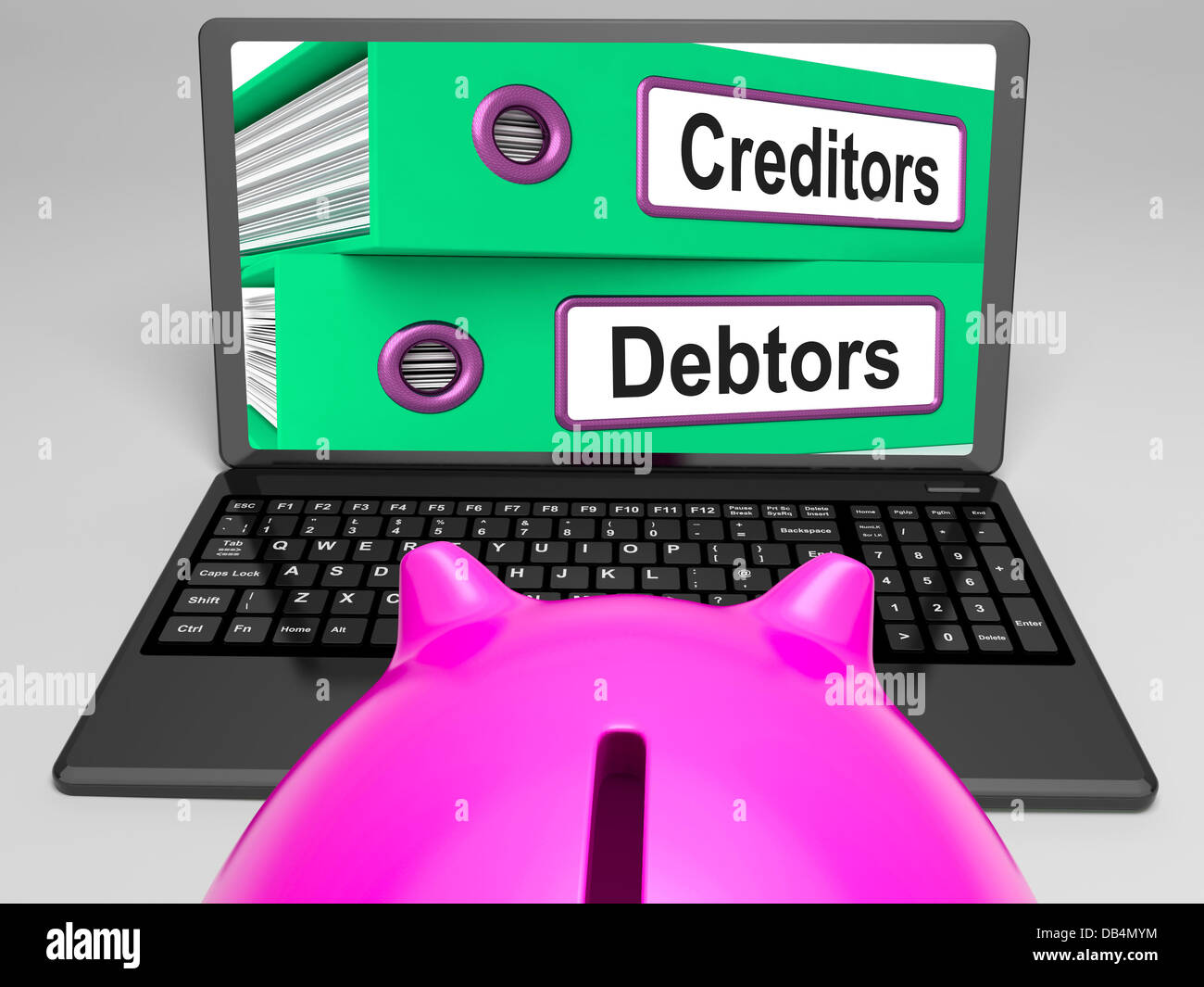 Gläubiger und Schuldner Dateien auf Laptop zeigt Finanzierung Stockfoto
