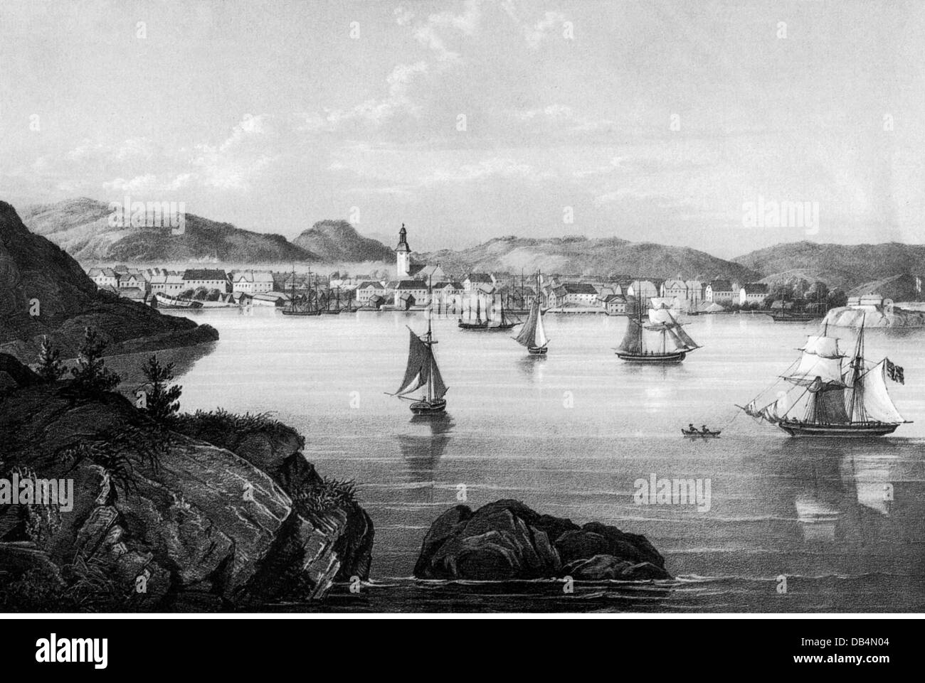 Geographie / Reisen, Norwegen, Christiansand, Blick auf die Stadt mit Hafen, nach C. Torstrup 1850, Additional-Rights-Clearences-not available Stockfoto