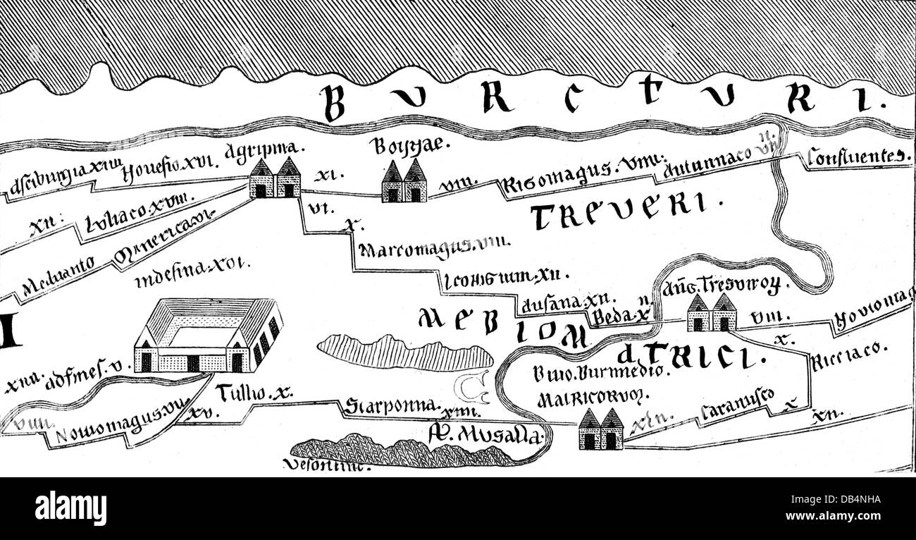 Kartographie, Karte, Deutschland, Rheinland mit Neumagen, Köln und Bonn, Tabula Peutingeriana, Ende 12. Jahrhundert, Detail, Holzstich, 19. Jahrhundert, Strassenkarte, Strassenkarte, Strassenkarten, Römische Strassen, Straßennetz, Straßennetz, Verkehr, Verkehr, Strasse, Strasse, Fluss, Flüsse, Rhein, Mosel, Stadt, Römisches Reich, Antike, Mitteleuropa, Kartographie, Kartendruck, Karte, Karten, Detail, Details, historisch, historisch, antike Welt, Mittelalter, Zusatzrechte-Clearences-nicht vorhanden Stockfoto
