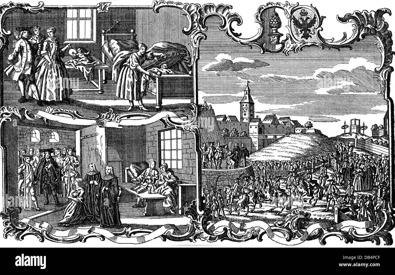 Gerechtigkeit, die schwere Kriminalität, Mord, tat und Ausführung eines Kindes Mörder, Kupferstich, 18. Jahrhundert, Germanisches Nationalmuseum (National Museum für Vor- und Frühgeschichte), Nürnberg, 18. Jahrhundert, Grafik, Grafiken, Mord, Totschlag, Mord, Kindesmorde, Taten, tun Sie eine gute Tat, Kind, Kinder, Kind, Kinder, bett, betten, Töten, Mord, Mörder, Mörder, Gerichtsbarkeit, Gerichtshof, Gerichte, Verkündigung des Satzes, Urteilsverkündung, Proklamationen des Satzes, Verlautbarungen von Urteil, Gericht, Urteile, judgme, Artist's Urheberrecht nicht gelöscht werden Stockfoto