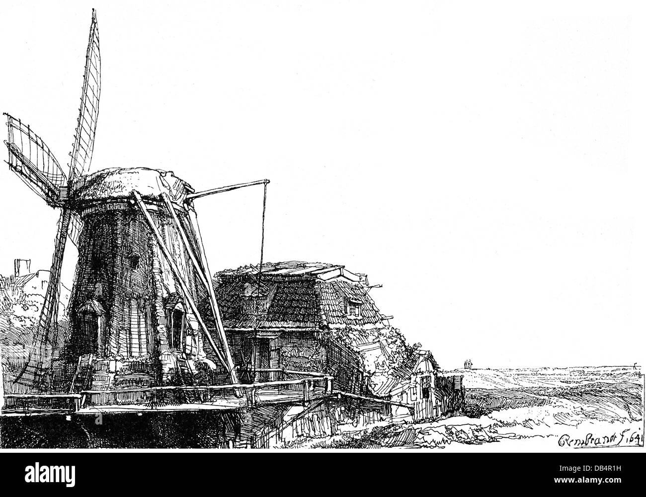 Energie, Wind, Windmühlen, Niederländische Windmil, von Rembrandt van Rijn (1606 - 1669), Radierung, 1641,17. Jahrhundert, Bildende Kunst, Kunst, Grafik, Grafik, Gebäude, Gebäude, Technik, Technik, Technik, Impuls, Impulse, Antriebskraft, Antriebskraft, Windenergie, Windenergie, Windenergie, Windenergie, Stromerzeugung, Stromerzeugung, Mühle, Mühlen, historisch, historisch, nicht-Rechte-verfügbar Stockfoto