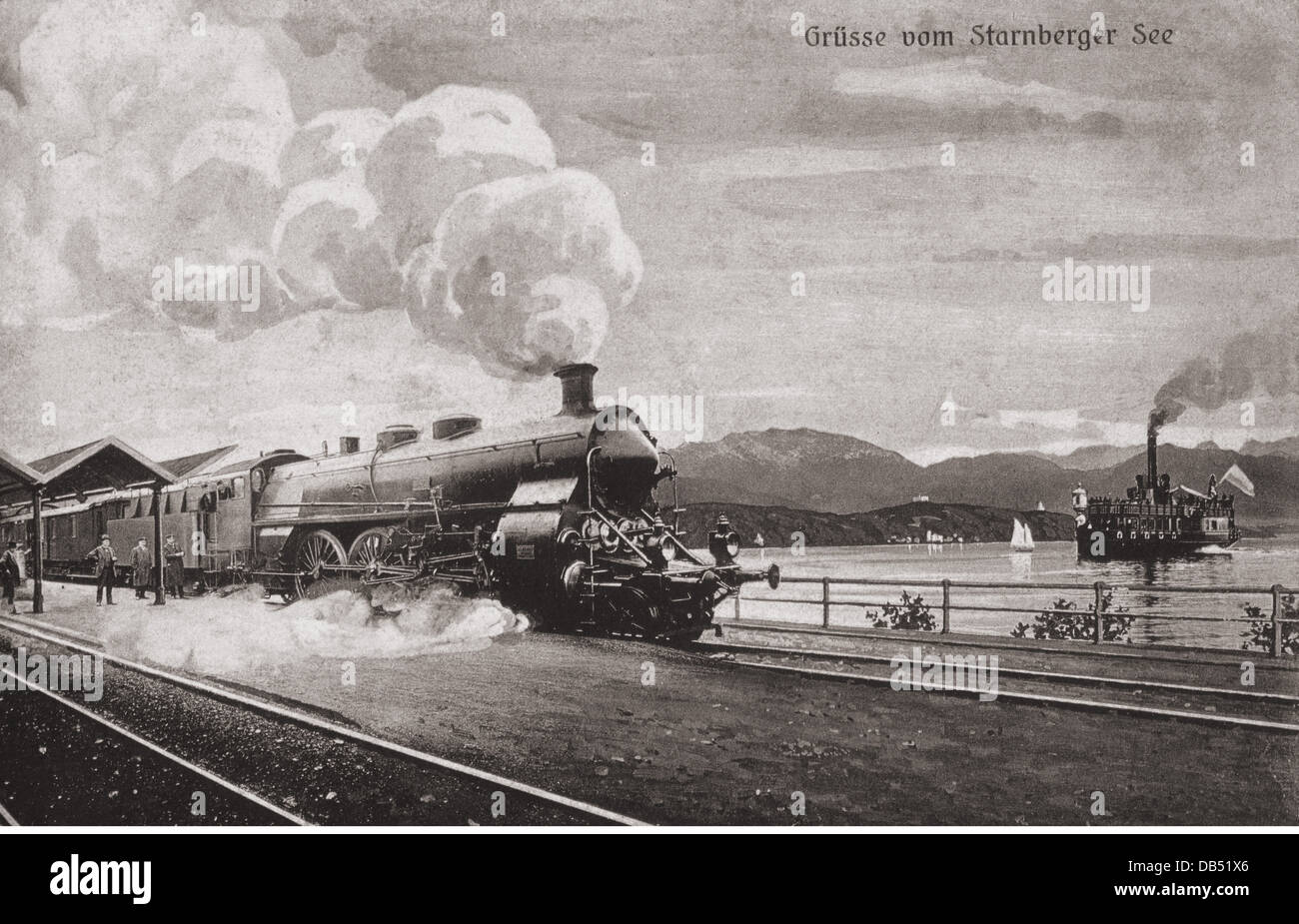 Transport / Transport, Eisenbahn, Deutschland, Dampfzug der Königlich Bayerischen Eisenbahn-Gesellschaft erreicht Starnberg Bahnhof, Postkarte, um 1900, Zusatzrechte-Abferenzungen-nicht vorhanden Stockfoto