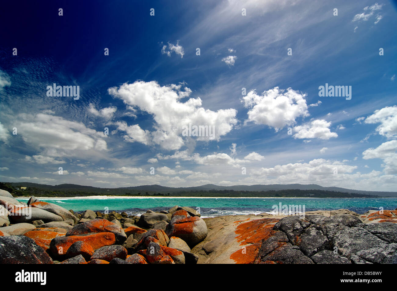 Ein Panorama auf die Bay of Fires auf der Nord Ost Küste von Tasmanien. Stockfoto