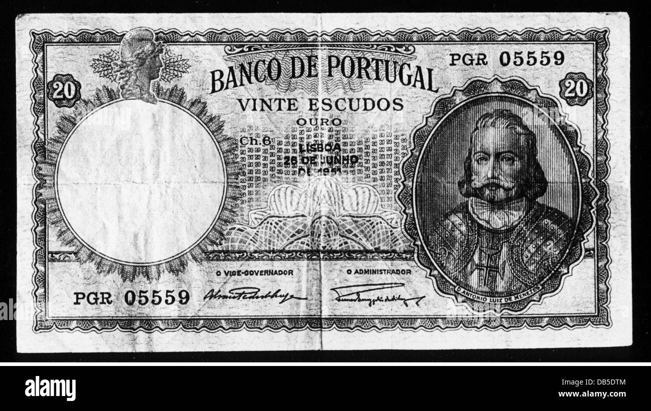 Geld / Finanzen, Banknoten, Portugal, 20 Escudos, Portugiesische Nationalbank, 26.12.1951, Zusatzrechte-Clearences-nicht vorhanden Stockfoto