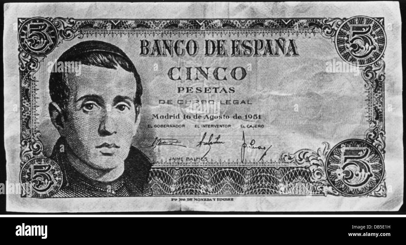 Geld / Finanzen, Banknoten, Spanien, 5 Pesetas, Bank of Spain, 16.8.1951, Zusatzrechte-Clearences-nicht vorhanden Stockfoto