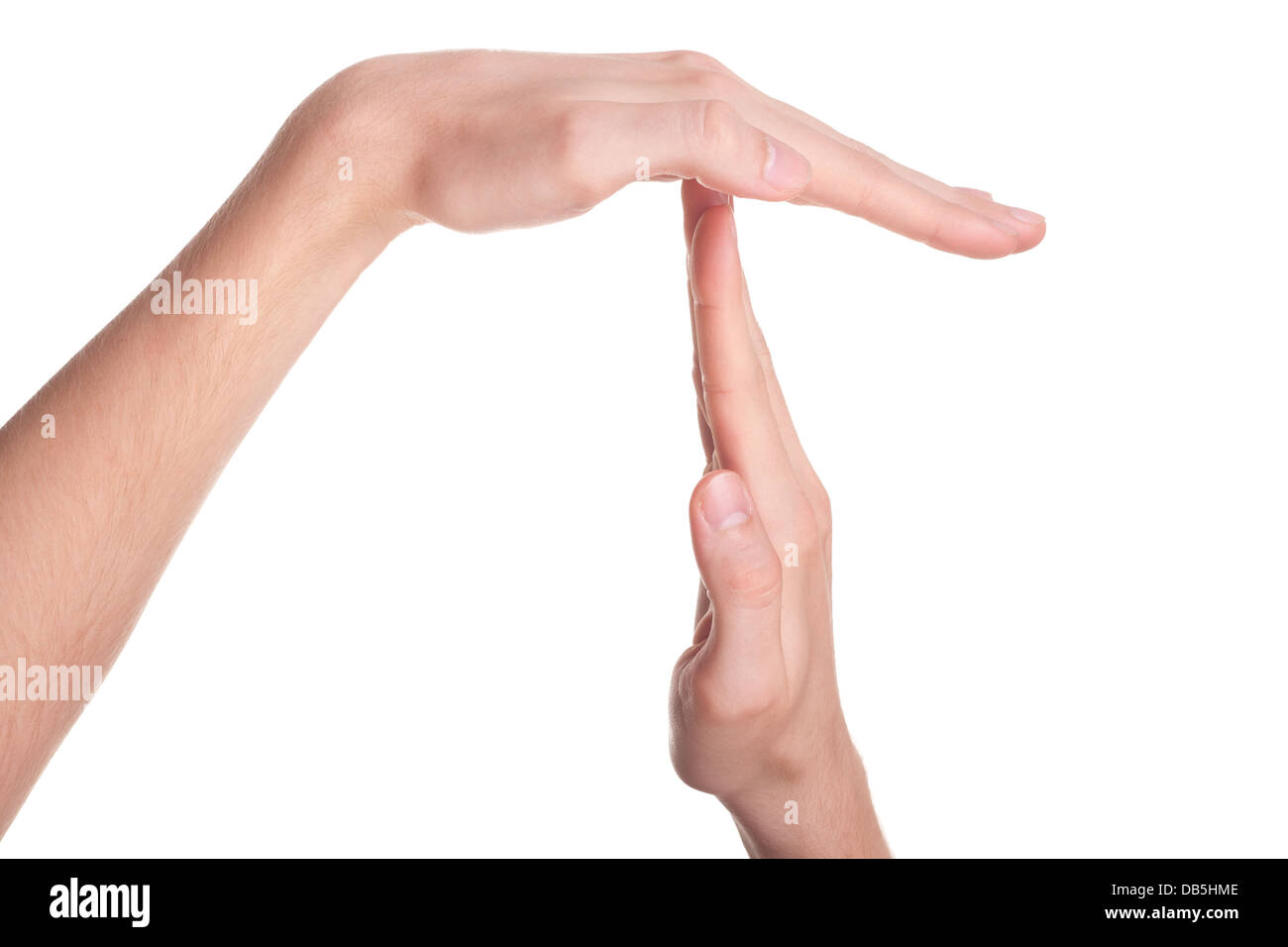 still, Pause oder Unterbrechung Zeit Hand Geste erschossen, isoliert auf weiß Stockfoto