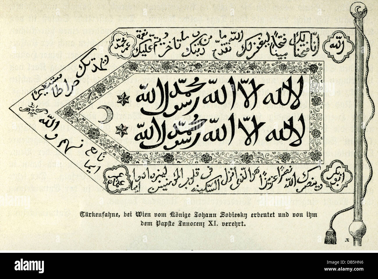 Ereignisse, großer Türkischer Krieg, 1683 - 1699, türkische Flagge, von König Johann III. Sobieski in Wien gefangen genommen und Papst Innozenz XI. Geschenkt, Holzstich, 19. Jahrhundert, Zusatzrechte-Clearences-nicht vorhanden Stockfoto