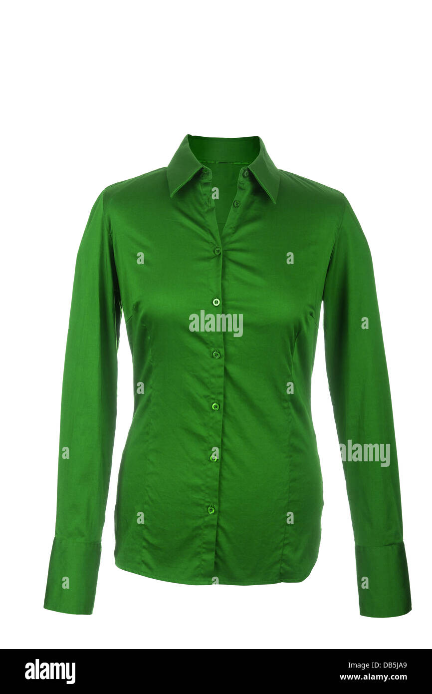 Hohle weibliche grüne Bluse mit langen Ärmeln, isoliert auf weißem Hintergrund Stockfoto