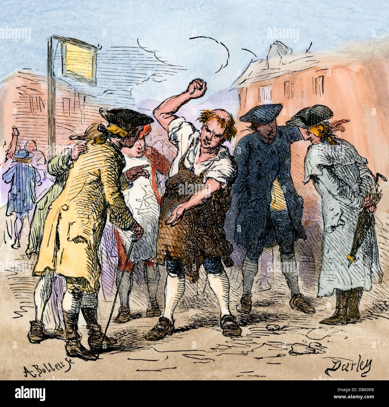 Amerikanischen Kolonisten verurteilte die Stempel handeln. Hand - farbige Holzschnitt Stockfoto