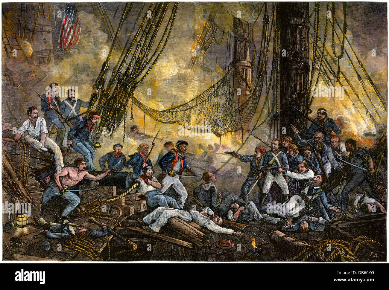 Uns privateer Bonhomme Richard's Crew an Bord der HMS Serapis, 1779. Hand - farbige Holzschnitt Stockfoto